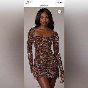 Ohpolly zeta Sheer Embellished Long Sleeve A-Line Mini Dress in Deep Cocoa